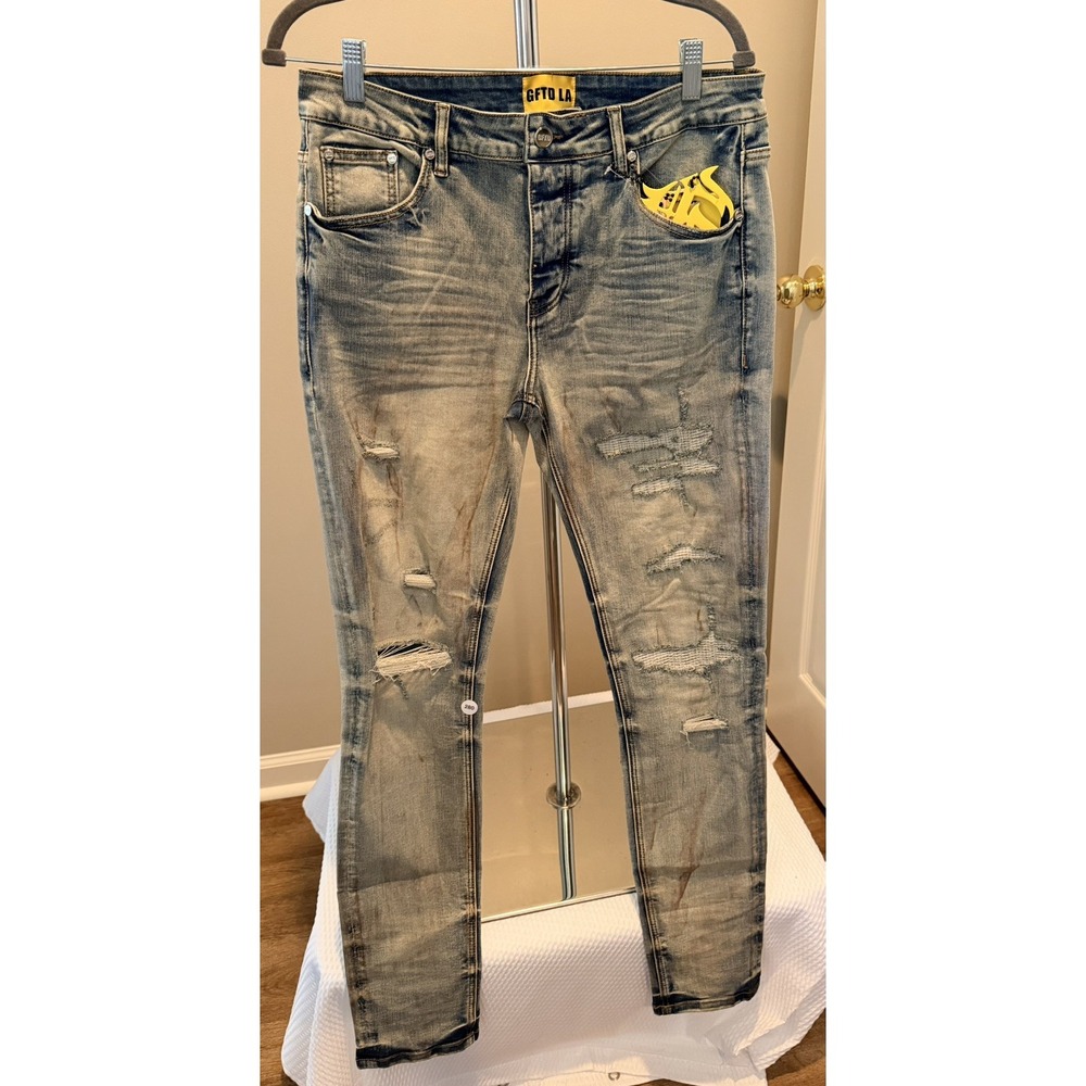 GFTD LA Men's Skinny Fit Button Fly Distressed Denim SAMPLE Jeans Size 34x32